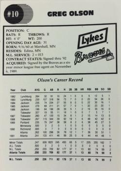 1992 Lykes Atlanta Braves #NNO Greg Olson Back