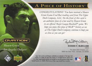 2001 Upper Deck Ovation - A Piece of History #SG Shawn Green  Back