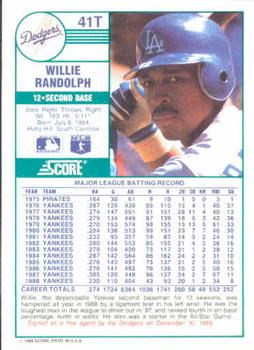 1989 Score Rookie & Traded #41T Willie Randolph Back
