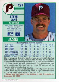 1989 Score Rookie & Traded #12T Steve Lake Back