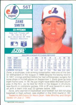 1989 Score Rookie & Traded #56T Zane Smith Back