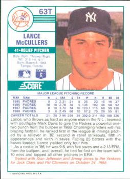 1989 Score Rookie & Traded #63T Lance McCullers Back