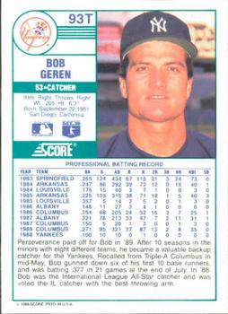 1989 Score Rookie & Traded #93T Bob Geren Back