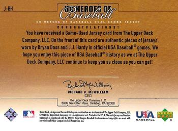 2001 Upper Deck Prospect Premieres - UD Heroes of Baseball Game Jersey Duos #J-BH Bryan Bass / J.J. Hardy  Back