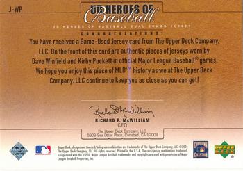 2001 Upper Deck Prospect Premieres - UD Heroes of Baseball Game Jersey Duos #J-WP Dave Winfield / Kirby Puckett  Back