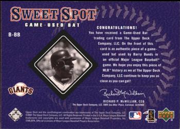 2001 Upper Deck Sweet Spot - Game Bat #B-BB Barry Bonds  Back