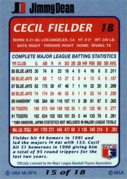 1992 Jimmy Dean #15 Cecil Fielder Back