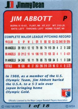 1992 Jimmy Dean #1 Jim Abbott Back