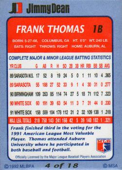 1992 Jimmy Dean #4 Frank Thomas Back