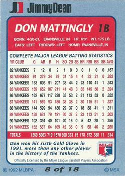 1992 Jimmy Dean #8 Don Mattingly Back