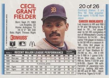 1992 Donruss McDonald's MVP #20 Cecil Fielder Back