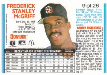 1992 Donruss McDonald's MVP #9 Fred McGriff Back