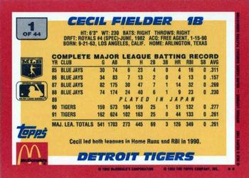 1992 Topps McDonald's Baseball's Best #1 Cecil Fielder Back