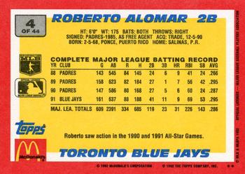 1992 Topps McDonald's Baseball's Best #4 Roberto Alomar Back