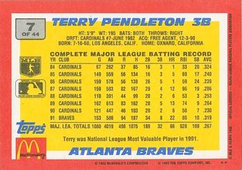 1992 Topps McDonald's Baseball's Best #7 Terry Pendleton Back