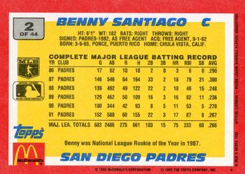 1992 Topps McDonald's Baseball's Best #2 Benny Santiago Back