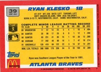 1992 Topps McDonald's Baseball's Best #39 Ryan Klesko Back