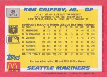 1992 Topps McDonald's Baseball's Best #8 Ken Griffey Jr. Back