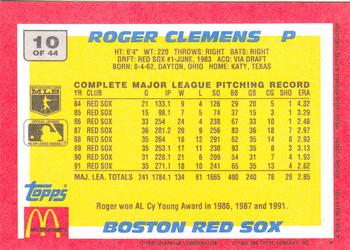1992 Topps McDonald's Baseball's Best #10 Roger Clemens Back