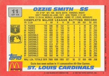 1992 Topps McDonald's Baseball's Best #11 Ozzie Smith Back