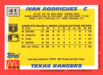 1992 Topps McDonald's Baseball's Best #41 Ivan Rodriguez Back