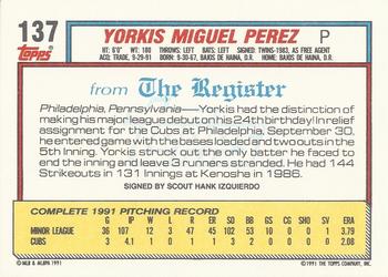 1992 Topps Major League Debut 1991 #137 Yorkis Perez Back