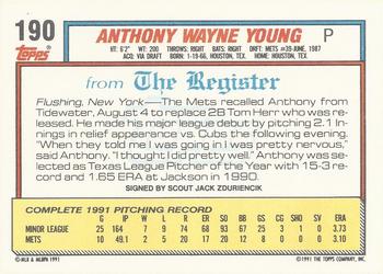 1992 Topps Major League Debut 1991 #190 Anthony Young Back
