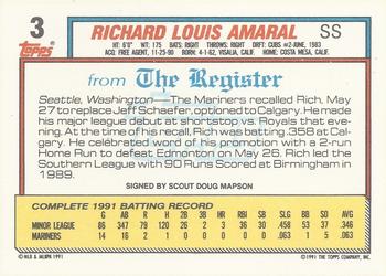 1992 Topps Major League Debut 1991 #3 Rich Amaral Back