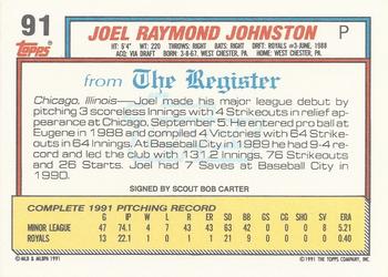 1992 Topps Major League Debut 1991 #91 Joel Johnston Back
