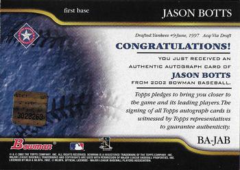 2002 Bowman - Autographs #BA-JAB Jason Botts Back