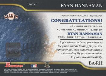 2002 Bowman - Autographs #BA-RH Ryan Hannaman Back