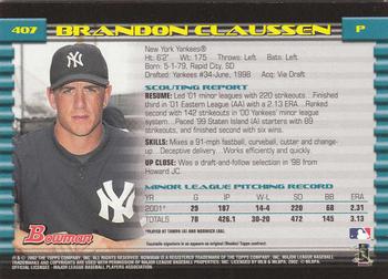 2002 Bowman - Gold #407 Brandon Claussen  Back
