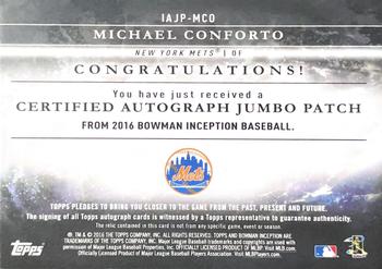 2016 Bowman Inception - Autograph Jumbo Patch Orange #IAJP-MCO Michael Conforto Back
