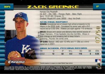 2002 Bowman Draft Picks & Prospects - Chrome Gold Refractors #BDP6 Zack Greinke  Back