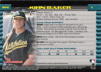 2002 Bowman Draft Picks & Prospects - Gold #BDP81 John Baker  Back