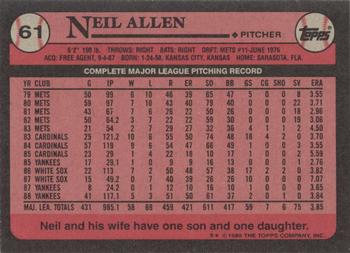1989 Topps #61 Neil Allen Back