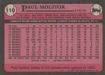 1989 Topps #110 Paul Molitor Back