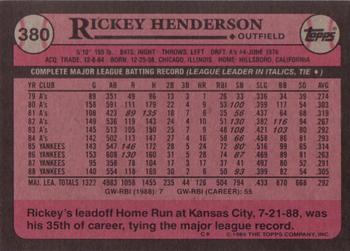 1989 Topps #380 Rickey Henderson Back