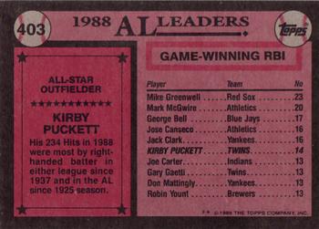 1989 Topps #403 Kirby Puckett Back