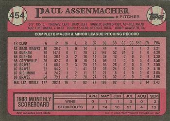1989 Topps #454 Paul Assenmacher Back