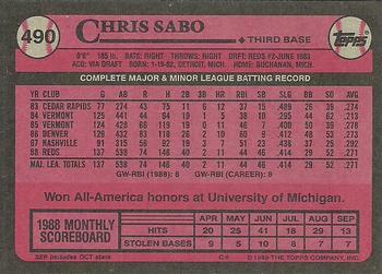 1989 Topps #490 Chris Sabo Back
