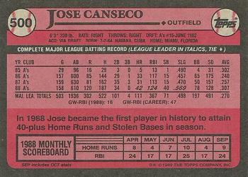 1989 Topps #500 Jose Canseco Back