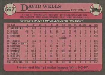 1989 Topps #567 David Wells Back