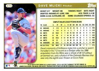 1999 Topps #374 Dave Mlicki Back