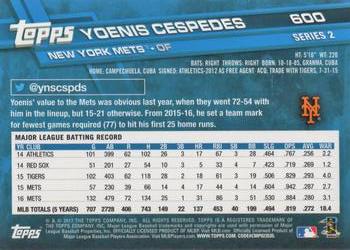 2017 Topps #600 Yoenis Cespedes Back