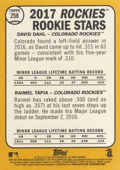 2017 Topps Heritage #258 Rockies 2017 Rookie Stars (David Dahl / Raimel Tapia) Back
