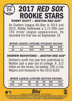 2017 Topps Heritage #314 Red Sox 2017 Rookie Stars (Robby Scott / Andrew Benintendi) Back
