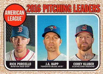 2017 Topps Heritage #10 2016 A.L. Pitching Leaders (Rick Porcello / J.A. Happ / Corey Kluber) Front