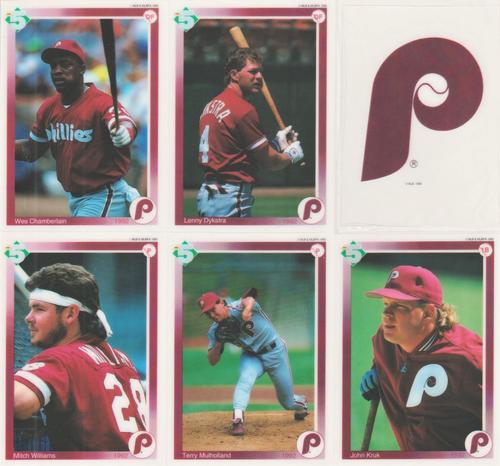 1992 High 5 Reusable Decals - Decal Panels #NNO Philadelphia Phillies Team Panel (Wes Chamberlain / Lenny Dykstra / John Kruk / Terry Mulholland / Mitch Williams / Philadelphia Phillies Logo) Front