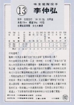 1991 Chiclets CPBL #182 Chung-Hung Lee Back